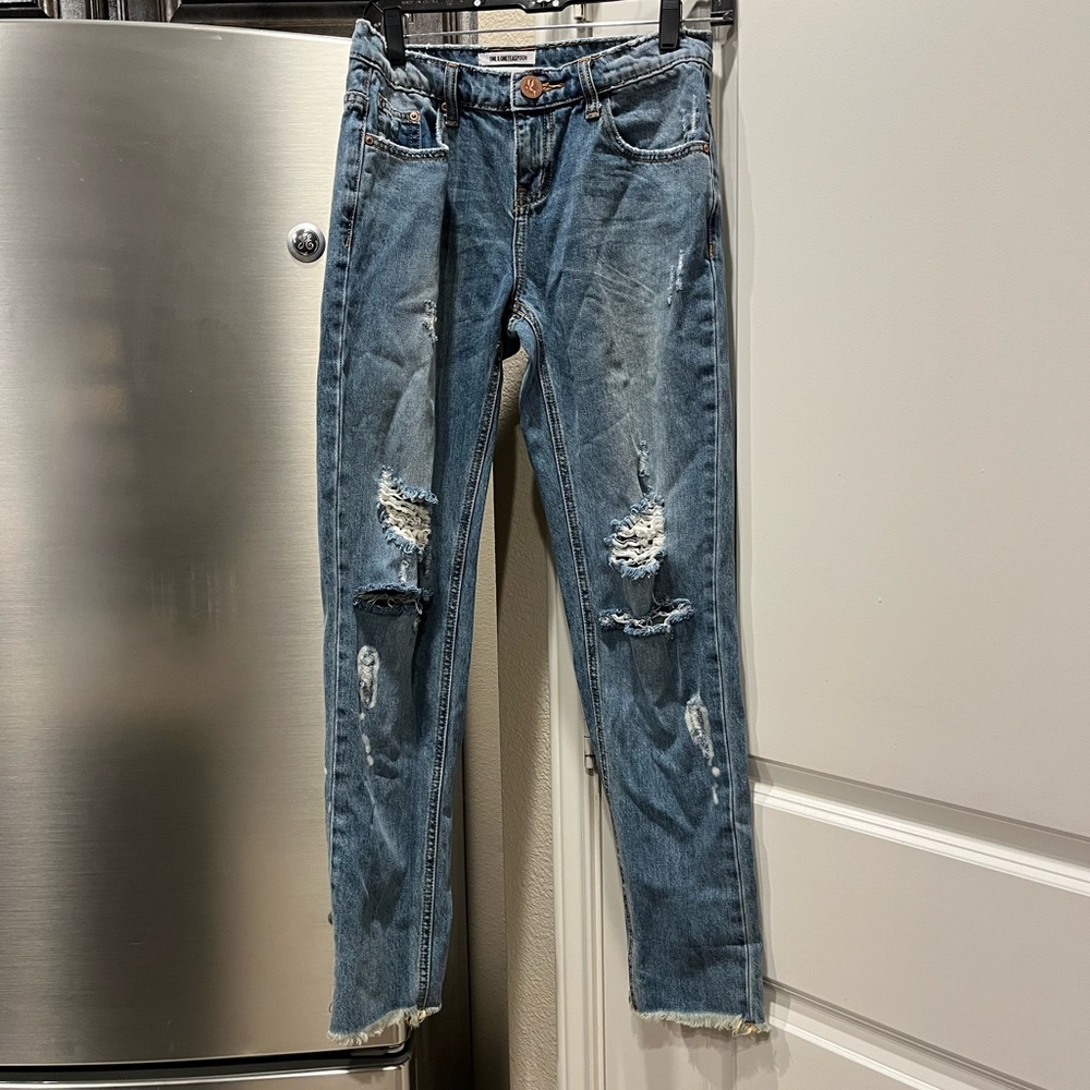 One Teaspoon Blue Ankle Cropped Jeans with Distressed Details